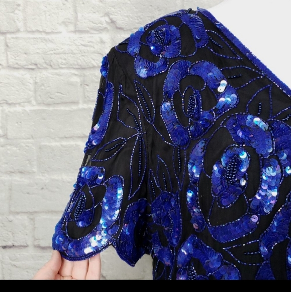 Stenay Royal Blue Sequin Beaded Black Silk Blouse - Picture 4 of 5